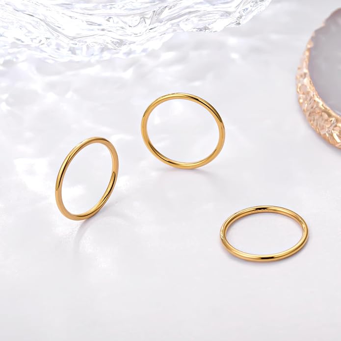 NOKMIT 1mm 14K Gold Filled Rings for Women Girls Thin Gold Ring Dainty Cute Stacking Stackable Thumb Pinky Band Non Tarnish Comfort Fit Size 4 to 11 1PC/2PCS/3PCS