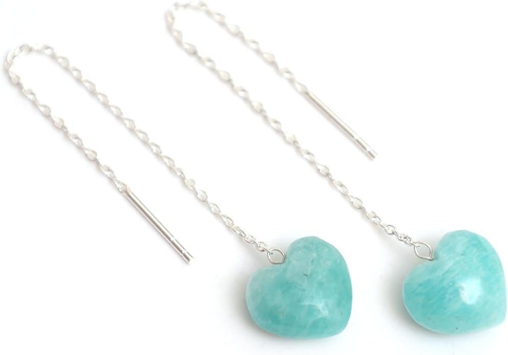 Gemstone Heart Shaped Threader Earrings in 925 Sterling Silver, Pull Through Adjustable, Versatile & Trendy, Perfect Valentine's Gift for Women, Choice of Gemstone Available