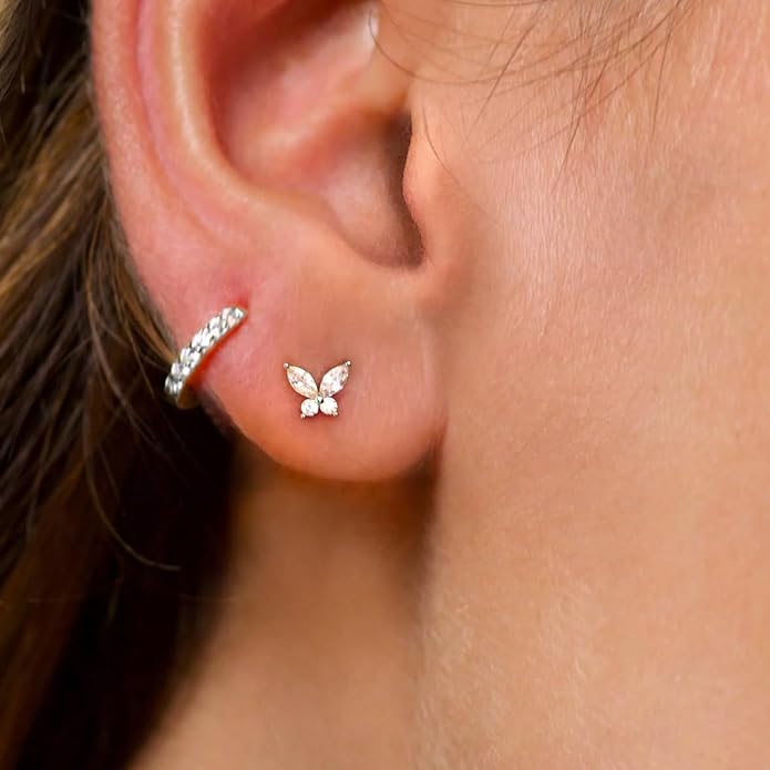 1Pcs 14K Yellow/White Gold Cartilage Earring for Women, 16G Threadless Flat Back Top Push in, Butterfly Tragus Helix Labret Lip Stud Piercing Jewelry
