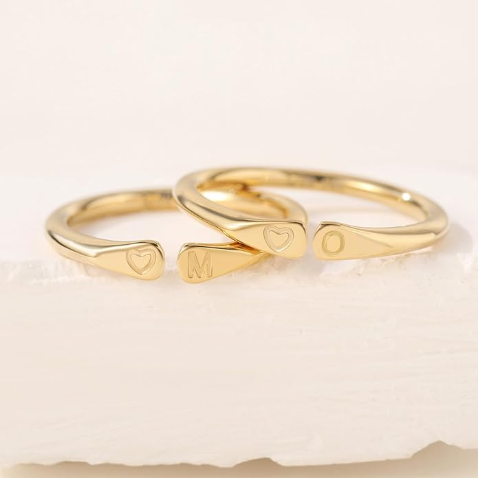 14k Gold Filled Hand Carving Initial Rings for Women Non Tarnish Wedding Heart Shaped Bands for Women