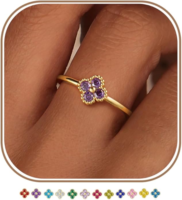 KAERUN Clover Birthstone Gold Rings for Women Non Tarnish 14K Gold Plated Stackable Thumb Ring Dainty Clover CZ Gemstone Emerald Engagement Rings Wedding Band Jewelry for Birthday Gifts Size 6-10