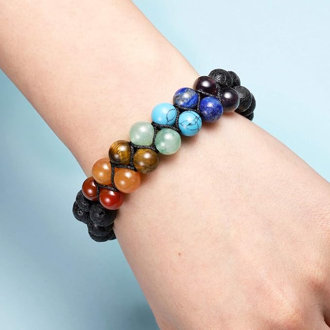 Top Plaza Bundle – 2 Items: 7 Chakra Natural Lava Rock Stones Beads Bracelets Aromatherapy Essential Oil Diffuser Bracelet & 7 Chakra Stone Bead Bracelet Friendship Inspirational Message Charm Bracele