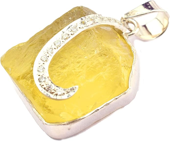 Natural Raw Lemon Quartz Stone Rough Crystal Gemstone Dainty Women Pendant Necklace, Chakra Healing Crystals, Birthstone, Gift, Rhodium Plated 925 Sterling Silver Chain 18 inch
