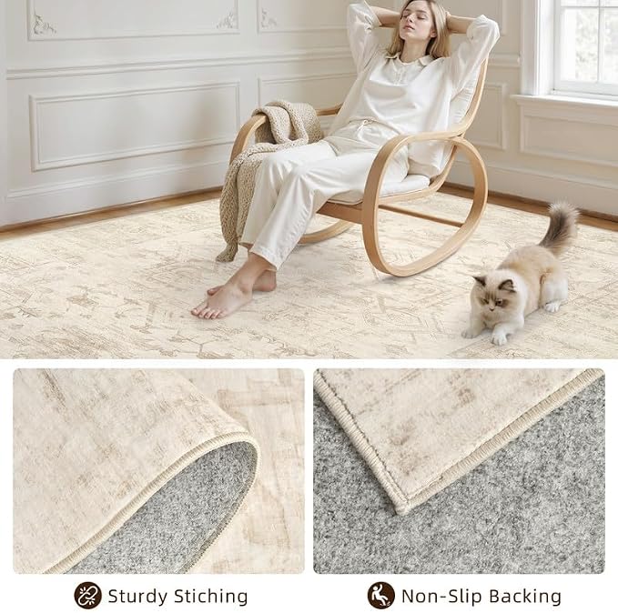 Round Area Rug for Living Room: 8ft Vintage Boho Neutral Washable Circle Rug Soft Large Circular Carpet for Bedroom Nursery Farmhouse Dining Room Office Floor Non-Slip Low Pile Under Table Beige/Brown