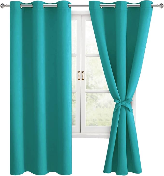 Hiasan Room Darkening Curtains for Bedroom, Noise Reducing, Energy Saving Blackout Window Curtain Panels, Sewn with Tiebacks, Set of 2, Grommet Top (Peacock Teal, Width 42 Inch x Length 72 Inch)