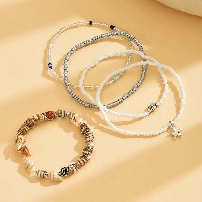 5PCS Boho Ankle Bracelets for Women Adjustable Bead Anklet Seashell Starfish Conch Ankle Bracelet Layered Colorful Beaded Anklet Bracelets Set Hawaiian Summer Beach Foot Jewelry