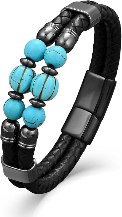 Mens Turquoise/Lapis Lazuli/Tiger Eye/Black Agate/Obsidian Leather Braided Bracelets for Father's Day/Birthdays/Graduation Jewelry Wristband Cuff Bracelet with Stainless Steel Clasp