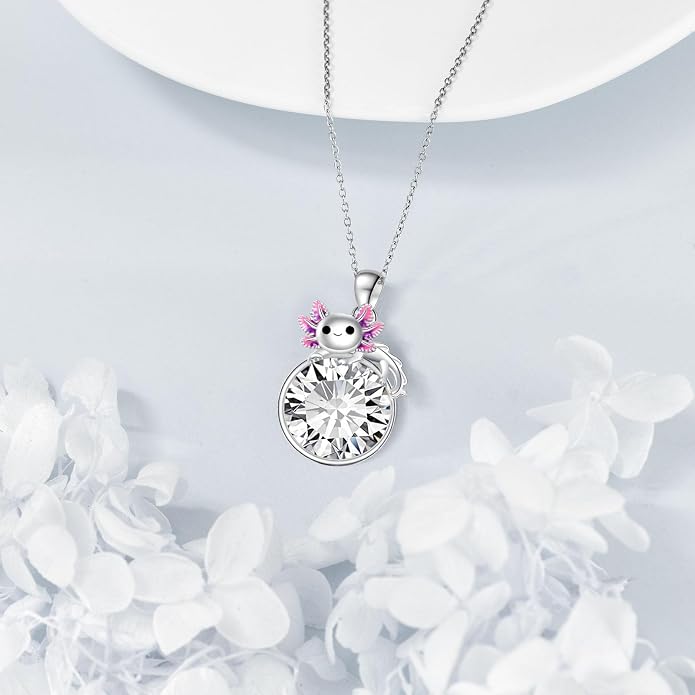Birthstone Axolotl Necklace Sterling Silver Axolotl Pendant Cubic Zirconia Jewelry Birthday Gifts for Women Men