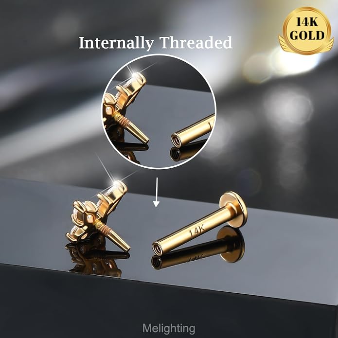 Melighting 14k Solid Gold Cartilage Earring 16G Internally Threaded Butterfly Flat Back Helix Piercing Jewelry Clear CZ Tragus Conch Stud for Women 6/8 mm