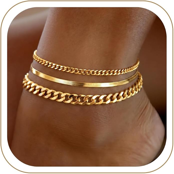 DEARMAY Gold Anklets for Women Waterproof, Non Tarnish14K Gold Plated Ankle Bracelets Set Stack, Summer Beach Jewelry Gifts for Vacation, Bikini Outfits for Women Mom Her