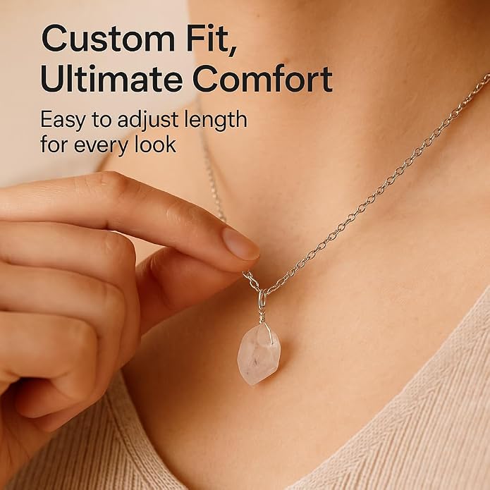 Raw Birthstone Crystal Necklace for Women, Hypoallergenic 925 Sterling Silver Pendant, Adjustable 16+2" Silver Chain, Light Natural Gemstone Jewelry for Everyday Wear & Gift for her & him