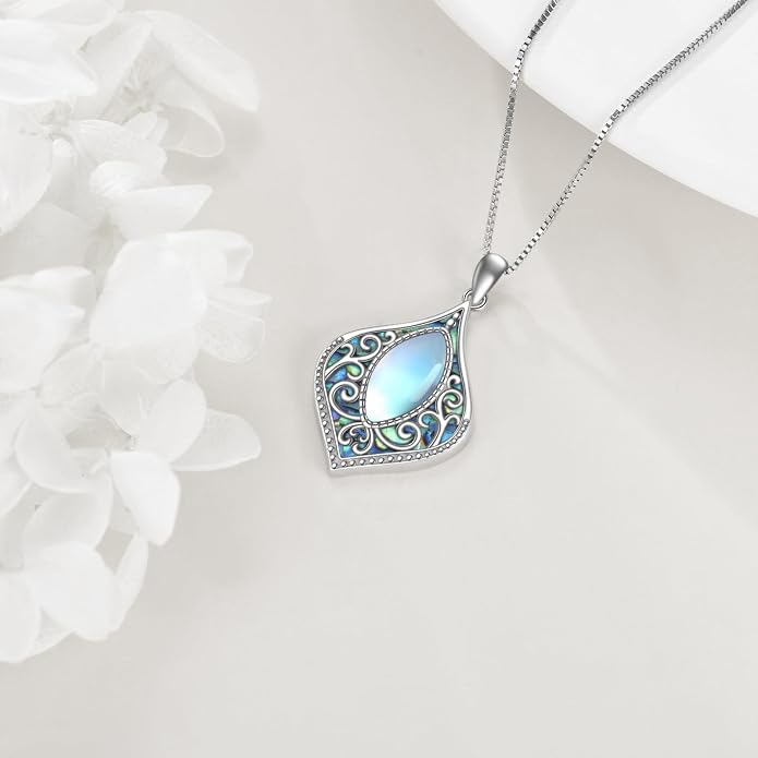 ONEFINITY Filigree Moonstone Necklace 925 Sterling Silver Bohemian Irish Celtic Necklace Abalone Shell Filigree Jewelry Gifts For Women