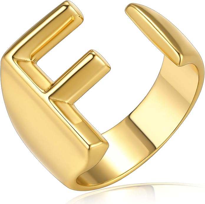 KeyStyle Bold Initial Letter Rings Adjustable, GoldChic Jewelry Women Gold Statement Ring Personalized Engraved Women’s Open Signet Ring for Party (Gold, White Gold, Black)