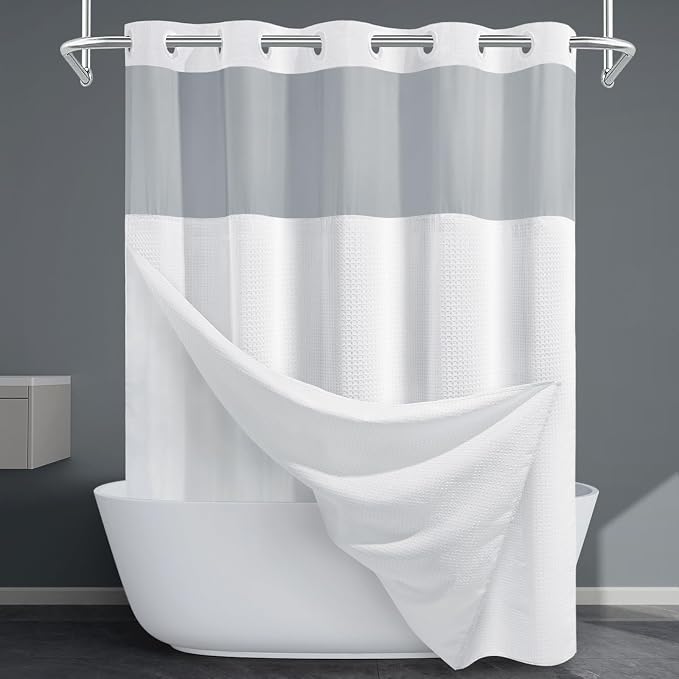 EUTXL Heavyweight Long No Hook Shower Curtain with Snap in Liner,256GSM Waffle Weave Shower Curtains for Bathroom,71W x 86H,White
