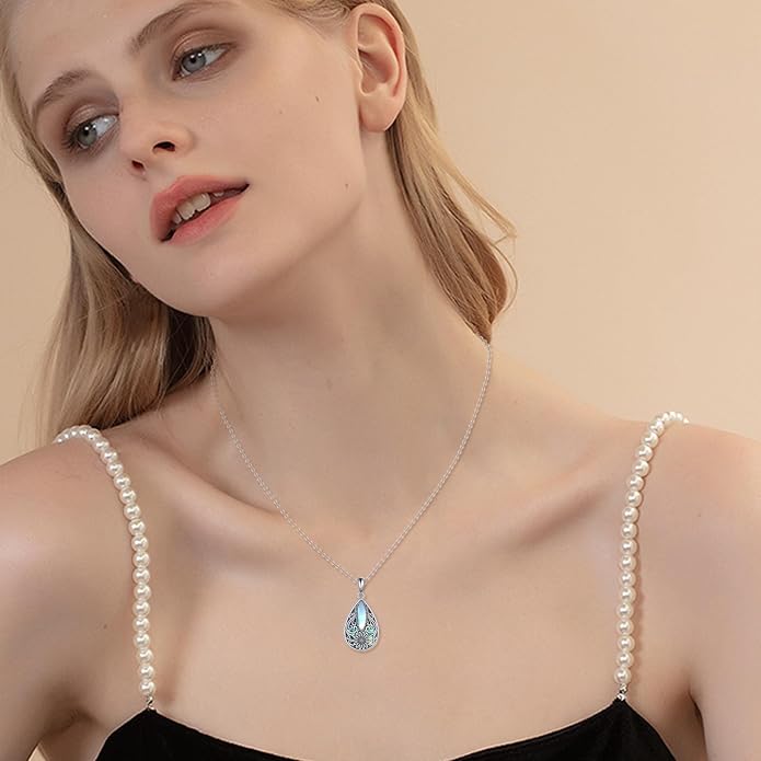 ONEFINITY Filigree Moonstone Necklace 925 Sterling Silver Bohemian Irish Celtic Necklace Abalone Shell Filigree Jewelry Gifts For Women