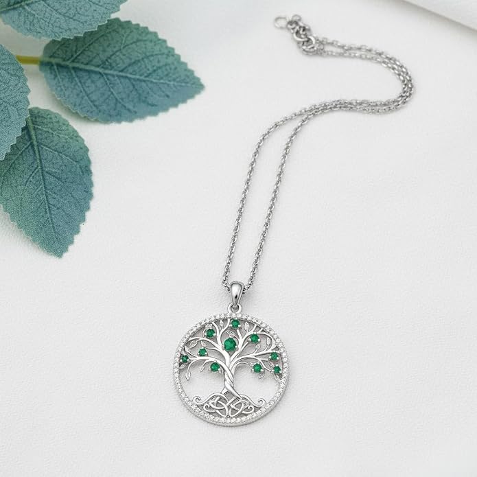 ONEFINITY Tree of Life Necklace 18k White Gold Plated Tree of Life Birthstone Pendant Necklace Birthstone Jewelry Anniversary Birthday Gifts for Women Men