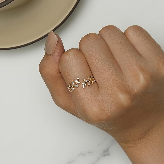 MUNDELL 925 Sterling Silver Simple Multi-layer Leaf Adjustable Ring Green Lucky Leaves Statement Ring for Women Promise Ring Fine Jewelry