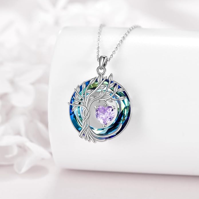POPLYKE Mothers Day Gifts for Mom Her Wife Tree of Life Necklace 925 Sterling Silver Birthstone Pendant with Crystal Anniversary Birthday Wedding Jewelry for Women