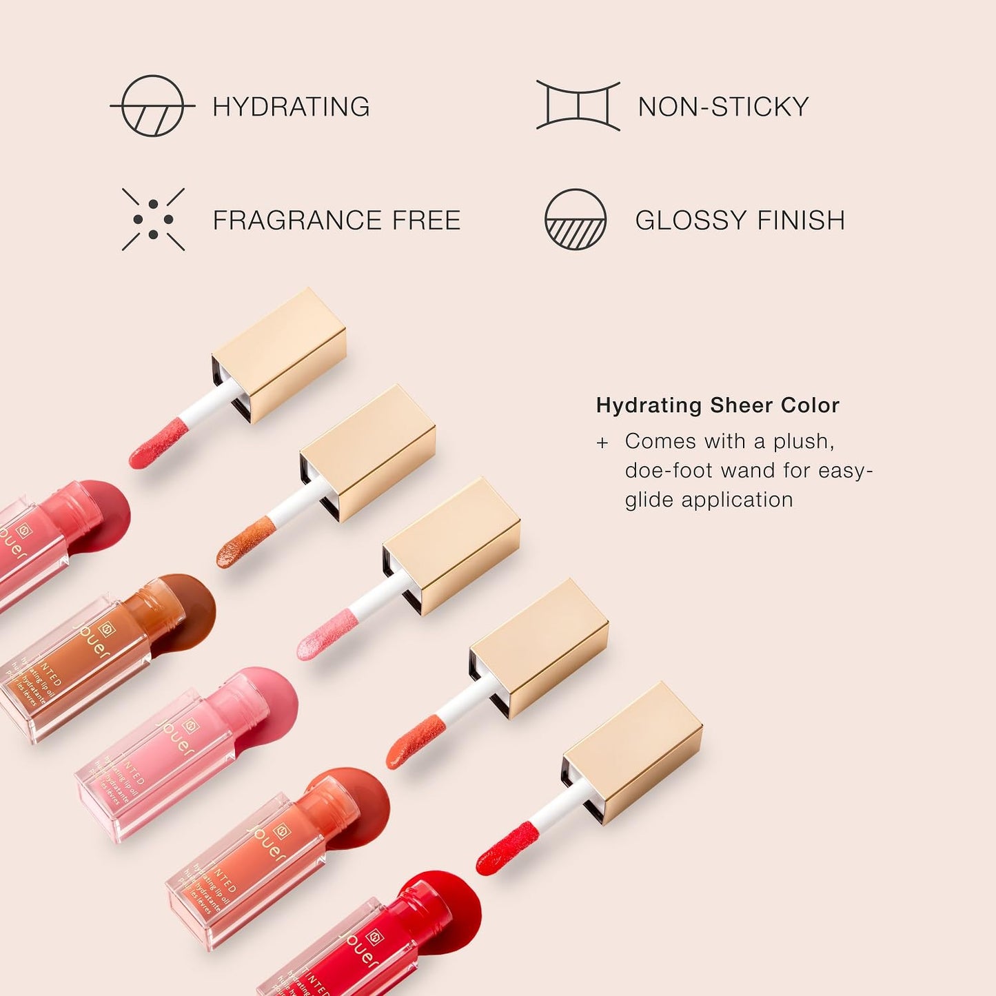 Jouer Essential Tinted Hydrating Lip Oil Gloss – Moisturizing Dry Lip Treatment Serum - Fragrance Free Tinted Lip Oil - Jojoba Seed Oil and Apricot Oil Formula