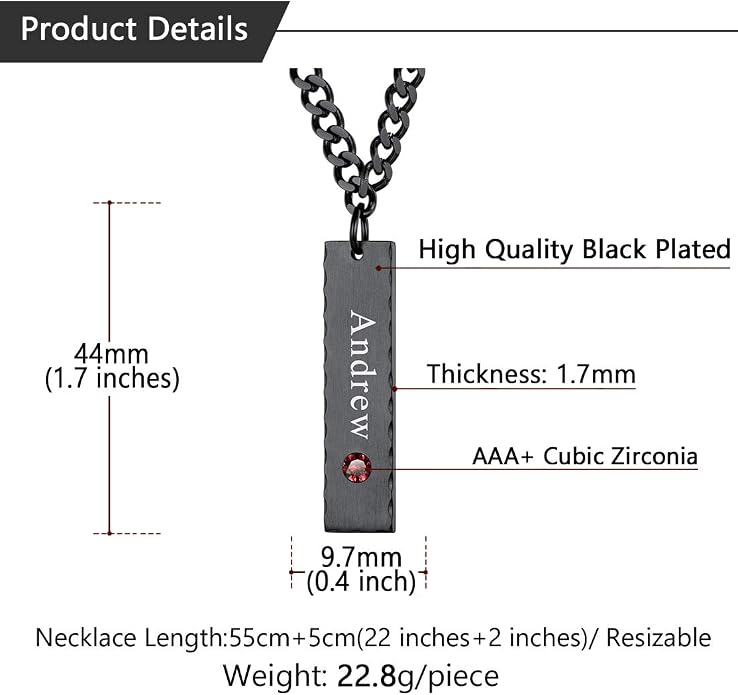 U7 Engravable Bar Necklace, Womens Choker Necklace Stainless Steel Custom Engrave Text Horizontal/Vertical Bar Pendant Necklaces for Men Women