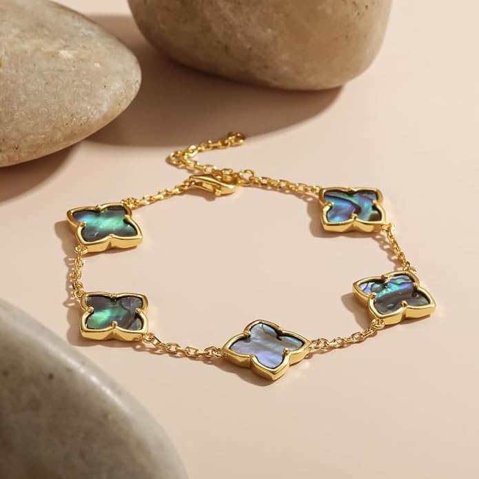 18K Gold Plated Abalone Shell Clover Bracelet, 8.6 Inch Chain with 2 Inch Extender, Adjustable Dainty Link Charm Bracelet