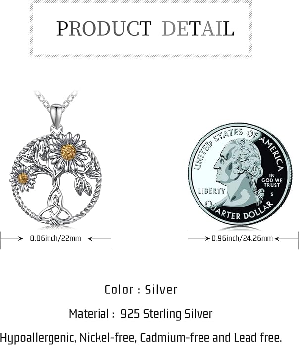 CHENGHONG Sunflower Necklace 925 Sterling Silver Tree of Life Necklace Daisy/Rose/Sunflower Pendant Necklace Sunflower Jewelry Gifts for Women Mom