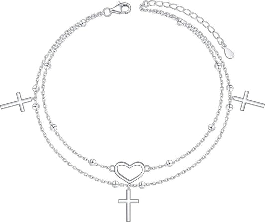 Alphm Anklet for Women S925 Sterling Silver Adjustable Foot Evil Eye Starfish Heart Bead Butterfly Celtic Knot Cross Multilayer Layered Ankle Bracelet Jewelry
