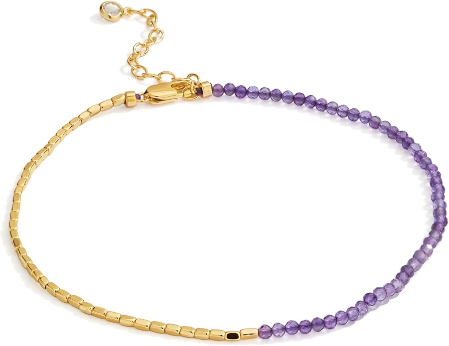 DREMMY STUDIOS Gold Anklet Bracelets for Women 14K Gold Plated Stone Handmade Beaded Link Chain Anklets Jewelry Gift