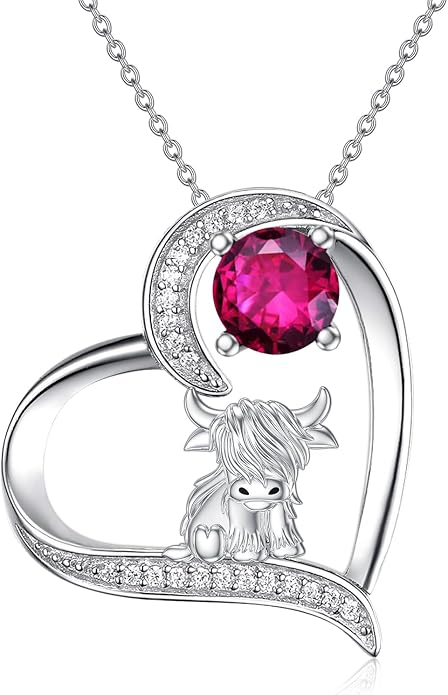 Highland Cow Gifts for Women 925 Sterling Silver Highland Cow Birthstone Necklace Fluffy Cow Jewelry Gifts Birthday Christmas