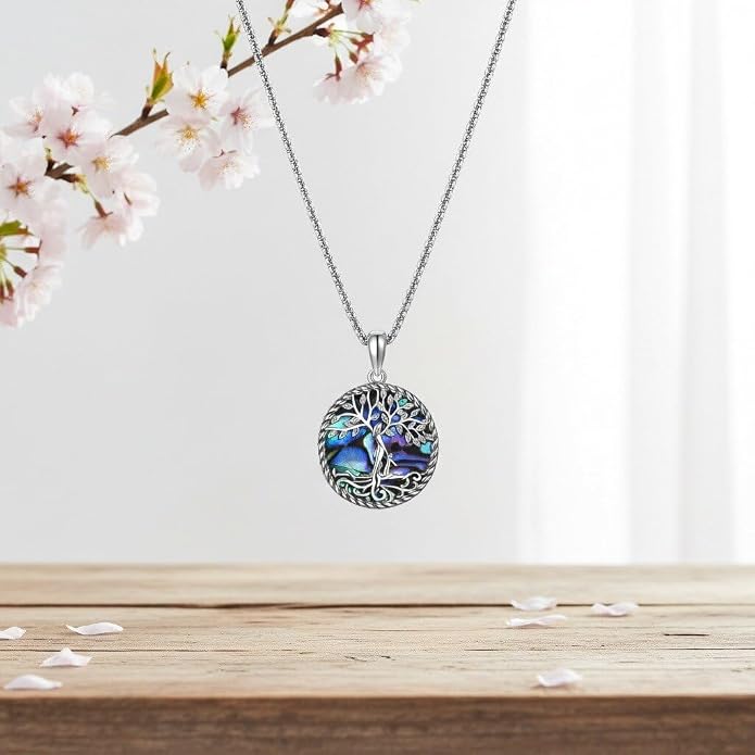 Tree of Life Necklace 18K White Gold Plated Tree of Life Abalone Shell/Crystal Pendant Necklace Family Tree Jewelry Gifts for Women Mothers Day Gifts