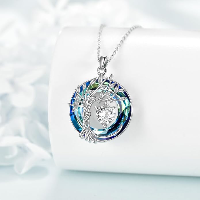 POPLYKE Mothers Day Gifts for Mom Her Wife Tree of Life Necklace 925 Sterling Silver Birthstone Pendant with Crystal Anniversary Birthday Wedding Jewelry for Women