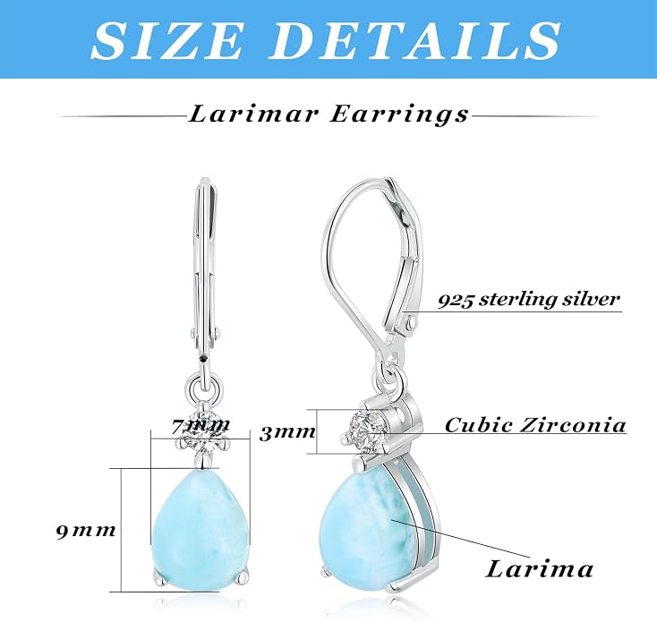 Larimar Dangle Earrings, 925 Sterling Silver Gemstone Larimar Drop Earrings for Women