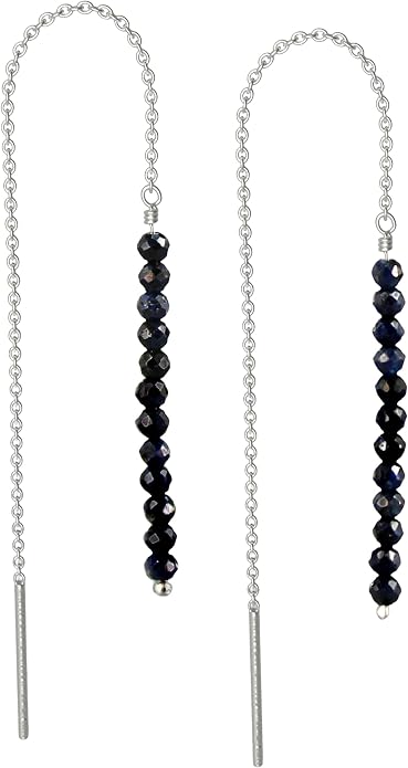 Sterling Silver Threader Earrings with Real Gemstone Beads - Elegant Pull-Through Design for Women, Dangling Western Earrings, Long and Short Adjustable Earring