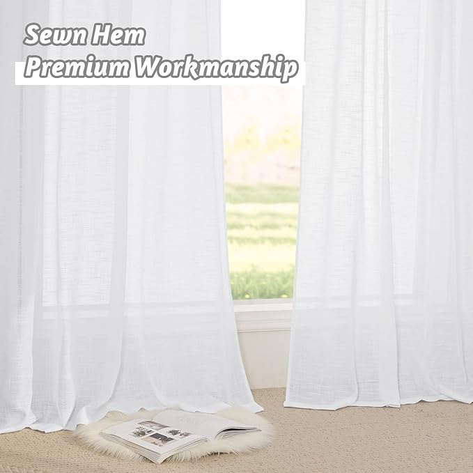 RYB HOME White Curtains Sheer - Linen Texture Sheer Window Covering, Light & Airy Translucent Panels for Bedroom Living Room Patio Glass Door, 52 inch Width x 95 inch Length, Set of 2 (Pack of 2)