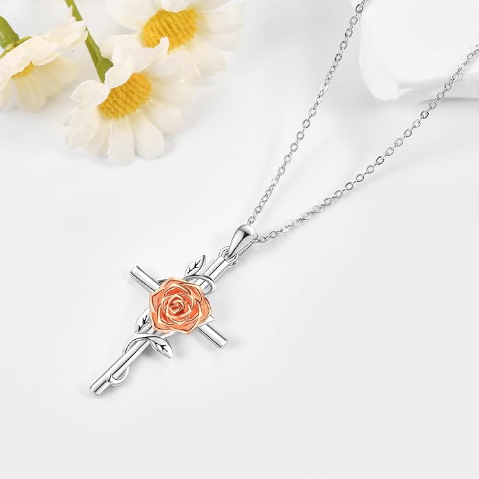 Flower Cross Necklace 925 Sterling Silver Carnation/Rose/Lily/Daisy Cross Necklace Birth Flower Jewelry for Women