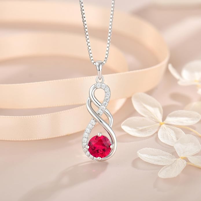 Gemstone Infinity Pendant Necklaces for Women, S925 Sterling Silver Round cut Zircon Necklace Birthstone Jewelry Gift for Her