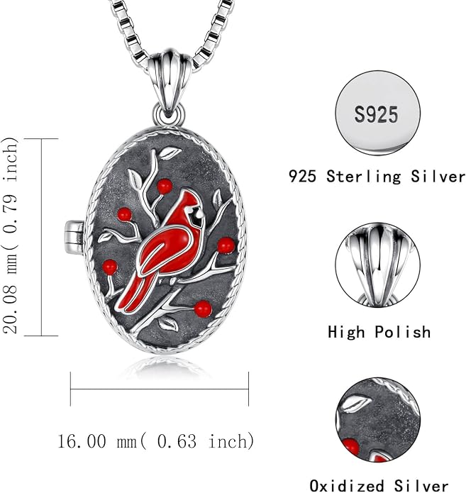 APOTIE Silver Vintage Locket Necklace for Photo Tree of Life Cardinal Keepsake Holds Pictures Memorial Pendant Jewelry for Women (Cardinal)