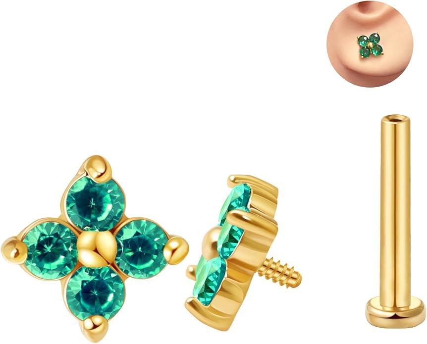 FANSING CZ Flower Internally Threaded Flat Back Earring Labret Stud for Cartilage Tragus Helix Conch