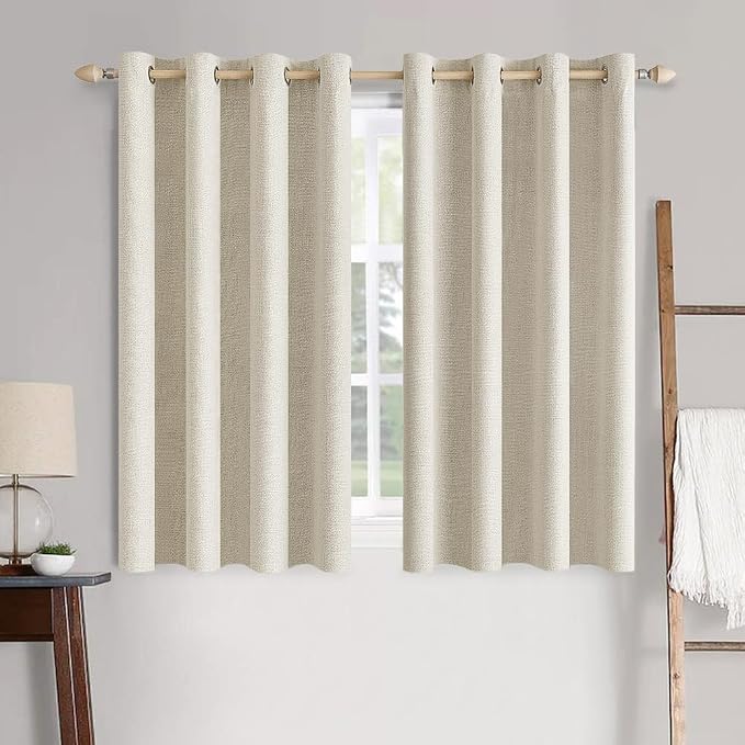 MIULEE 100% Blackout Linen Textured Curtains for Bedroom Solid Thermal Insulated Light Ivory Grommet Room Darkening Curtains & Drapes Luxury Decor for Living Room 52 x 63 Inch (2 Panels)