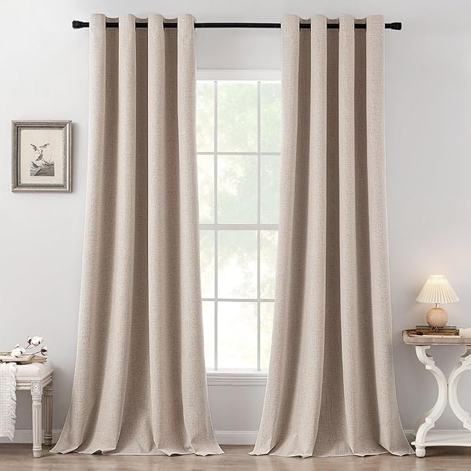 MIULEE 100% Blackout Linen Textured Curtains for Bedroom 112 Inches Extra Long Thermal Insulated Natural Beige Grommet Room Darkening Curtains & Drapes Luxury for Living Room (2 Panels)