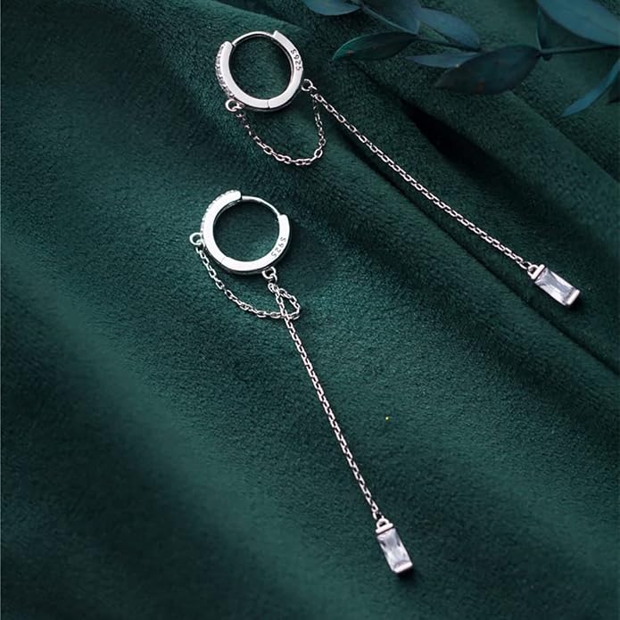 SLUYNZ Solid 925 Sterling Silver CZ Hoop Earrings Chain for Women Teens Hoop Earrings Tassel