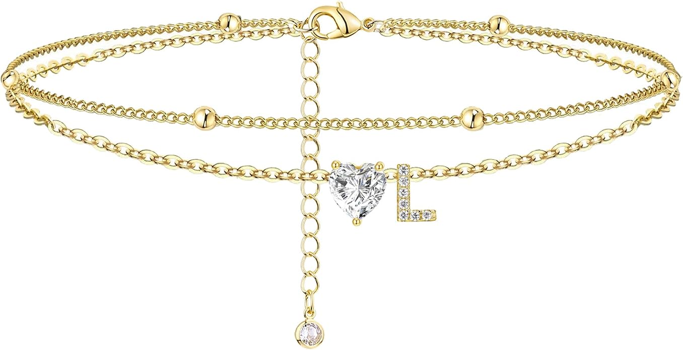 Ankle Bracelets for Women Waterproof 14K Gold Plated CZ Initial Anklet for Women Dainty Layered Letter Heart Ankle Bracelets Handmade Adjustable Foot Chain Anklet Summer Beach Jewelry