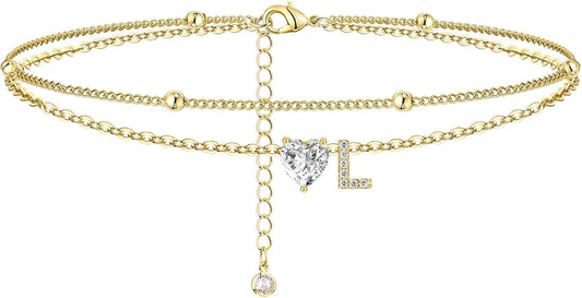 Ankle Bracelets for Women Waterproof 14K Gold Plated CZ Initial Anklet for Women Dainty Layered Letter Heart Ankle Bracelets Handmade Adjustable Foot Chain Anklet Summer Beach Jewelry