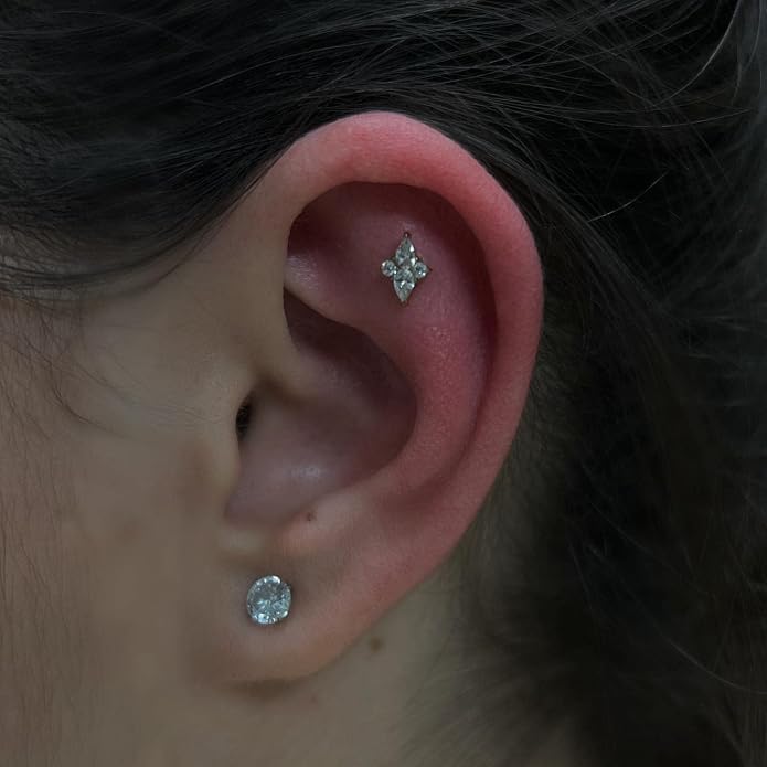 FINE4U 1PC ASTM F136 Titanium 16G Flatback Stud for Tragus, Helix, Conch 6mm 8mm - Screw on Cartilage Earring Piercing Jewelry
