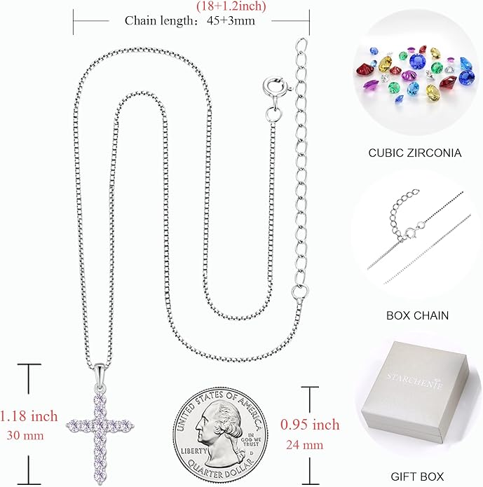 STARCHENIE Cross Necklace Sterling Silver Crucifix Pendant Gemstones Jewelry for Women