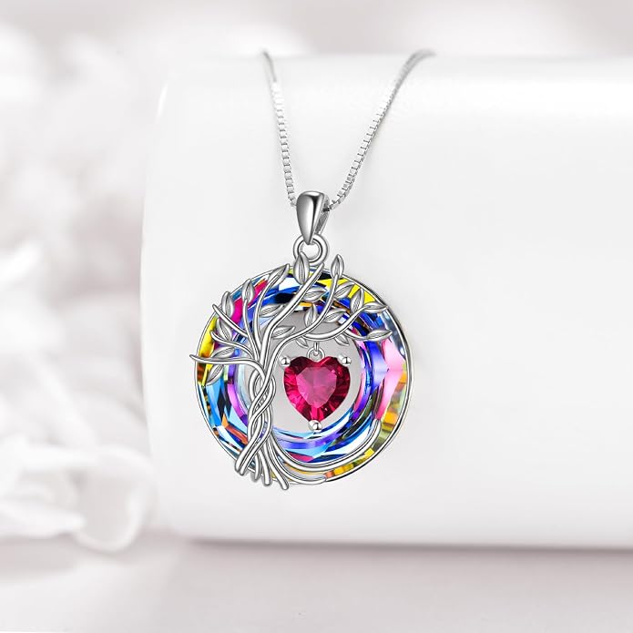 POPLYKE Mothers Day Gifts for Mom Her Wife Tree of Life Necklace 925 Sterling Silver Birthstone Pendant with Crystal Anniversary Birthday Wedding Jewelry for Women