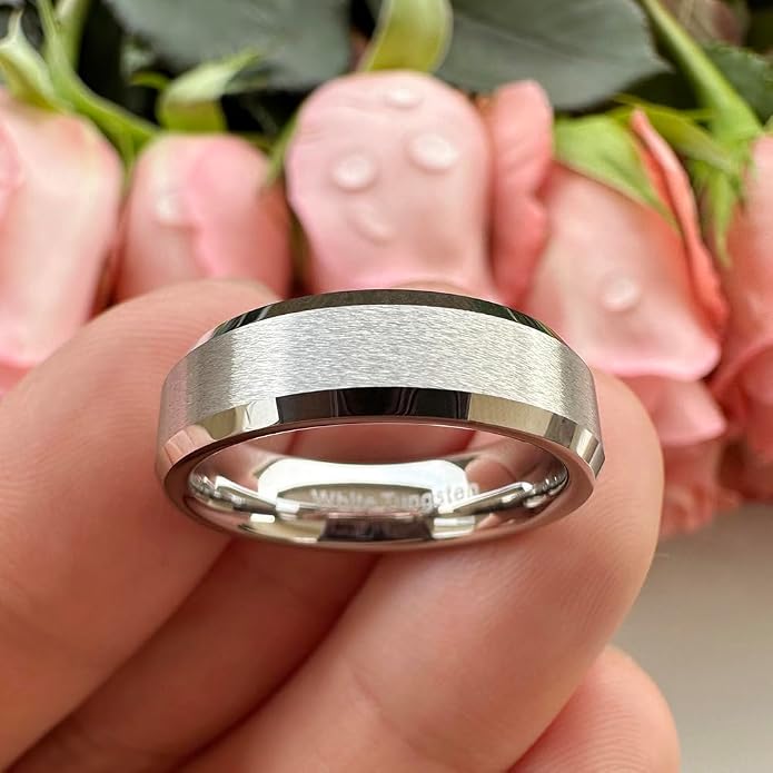 TUTISS 6mm 8mm White Tungsten Rings for Men Women Couple Fashion Jewelry Engagement Wedding Bands Matte Finish Beveled Edges Comfort Fit