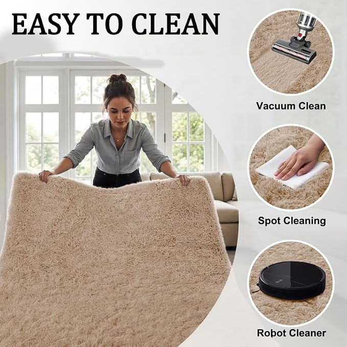 Area Rug for Living Room Bedroom: 4x6 Soft Fluffy Shag Rugs Upgrade Non-Slip High Pile Carpet Large Fuzzy Plush Indoor Floor Shaggy Carpets for Nursery Kid Playroom Office Dorms Home Decor Beige