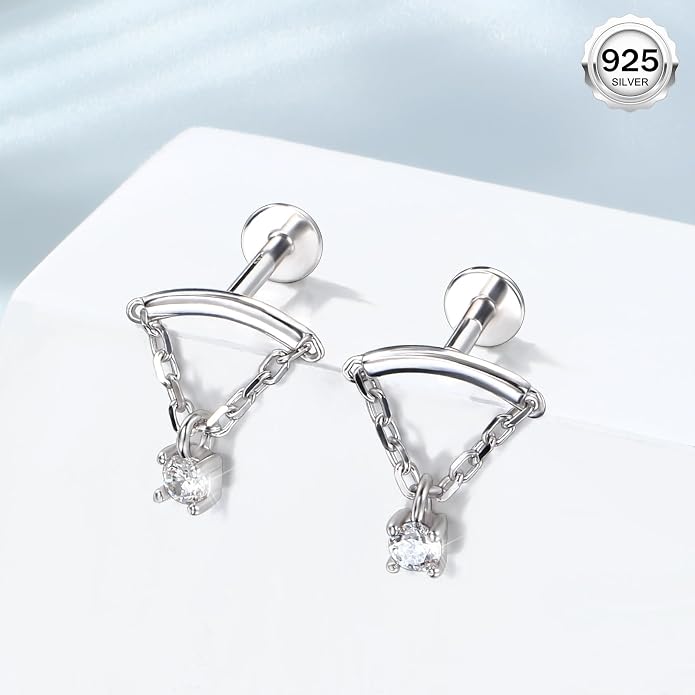 Melighting Sterling Silver 925 16G Cartilage Earring Internally Threaded Helix Earring Chain 16G Dangle 6/8 mm Tragus Piercing Jewelry Clear CZ Flat Back Earring