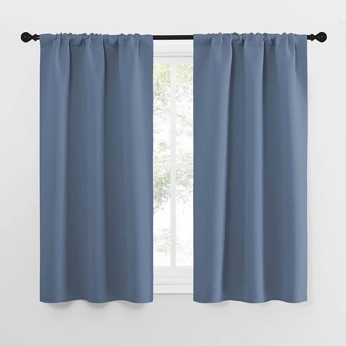 NICETOWN Kitchen Curtains, Short Blackout Curtains & Drapes, Small Window Rod Pocket Draperies for Bedroom (Stone Blue, 34 in x 54 in (W x L), Set of 2)